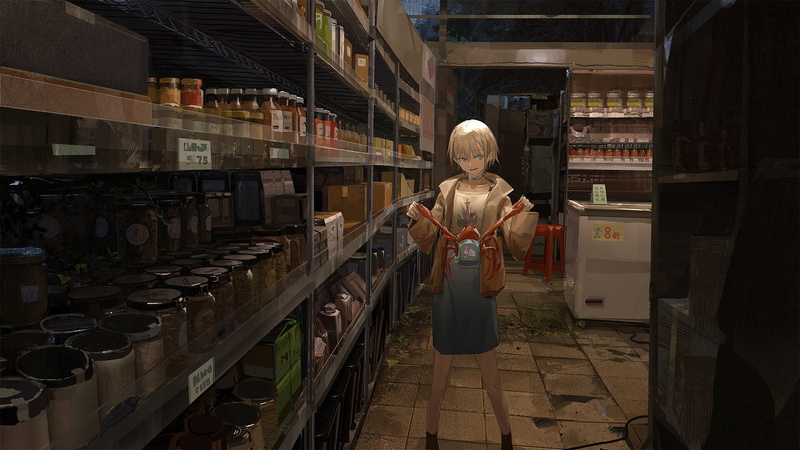 digital art, stores, food, backpacks, PainDude _, anime girls, crabs, 1080P, jars