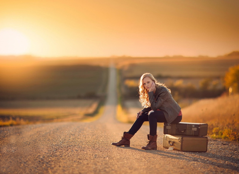 road, sunlight, blonde, 1080P, depth of field, suitcase, sitting, Jake Olson, women outdoors, women