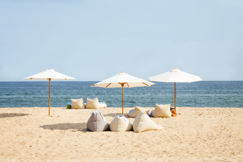 4K, tranquil scene, bean bag, beach, beach chair, three, nature, sand, seashore, chillen, outdoors, day, scenics - nature, land, umbrellas, chair, bag