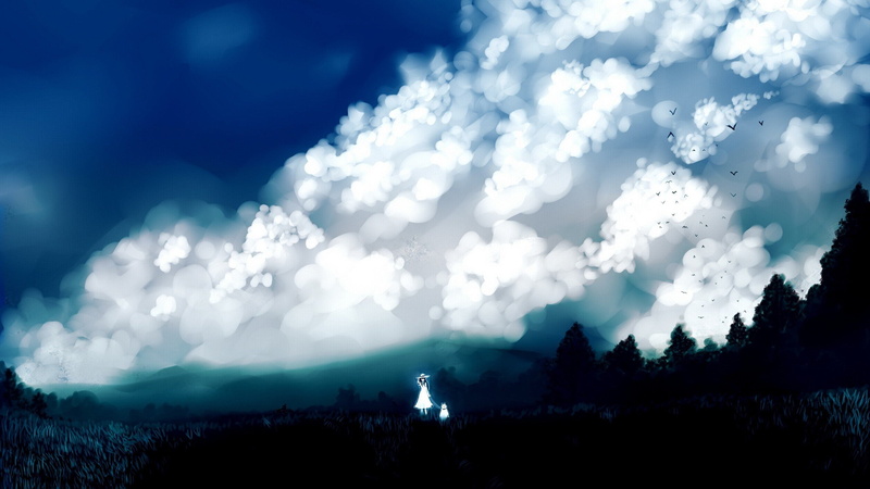 hats, Clouds, blue, long, no people, dress, tranquil scene, grass, dogs, land, silhouette, forests, landscapes, nature, 2K, white, outdoors, beauty in nature