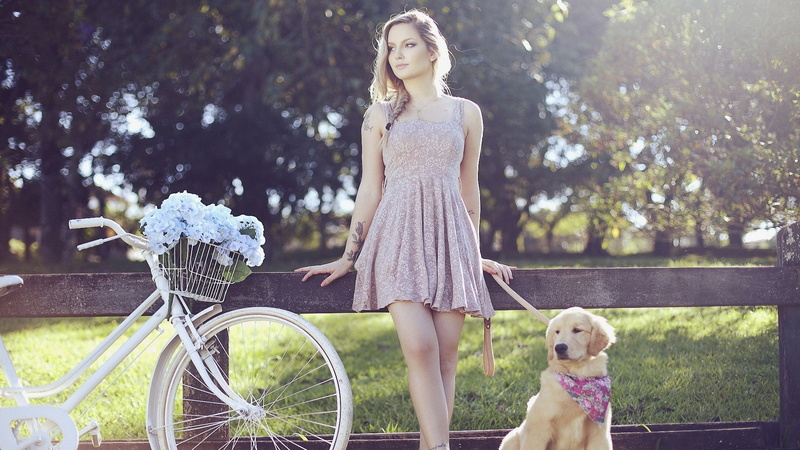 tattoo, women, bicycle, 1080P, women with bicycles, model, flowers, looking away, dress, blonde, dog, skirt