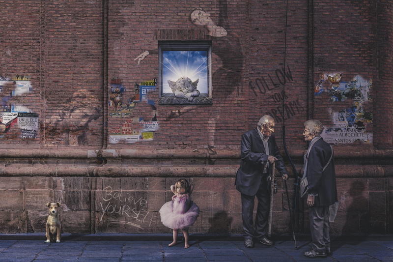 girl, dream, wall - building feature, sitting, brick wall, elderly, building exterior, women, walking stick, kid, follow your dream, leisure activity, believe