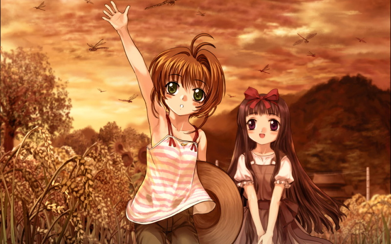 green eyes, anime, red eyes, 720P, anime girls, Card Captor Sakura, nature, arms up