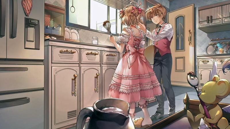 household equipment, appliance, Anime, lolita, holding, cardcaptor sakura, females, li syaoran, indoors, women, kitchen, smiling, two people, family, real people