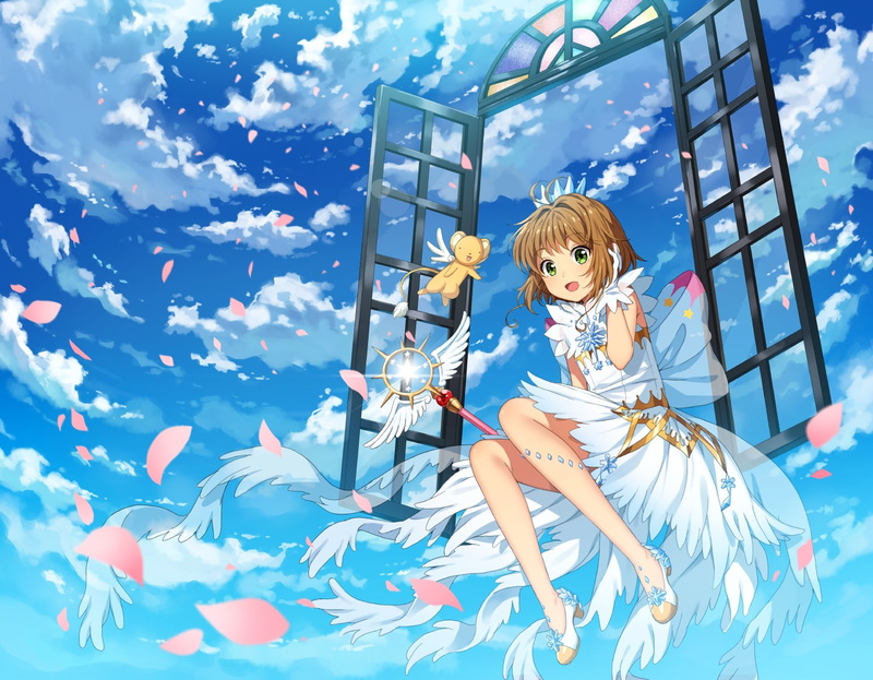 konachan, eyes, com, hair, kim, captor, sakura, kinomoto, wand, sky, clouds, brown, 260905, bae-eo, card, dress, gloves, short, wings, 720P, green, petals