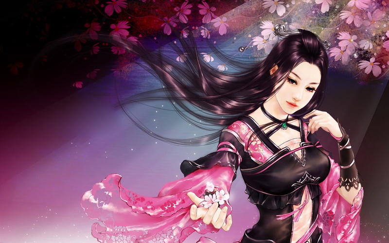 Art, Girl, 1080P, Petals, Flowers, Sakura, Asian