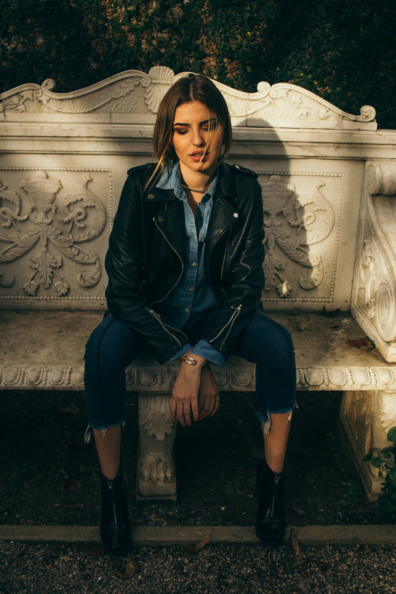 model, women, full length, young women, real people, hairstyle, looking, front view, portrait, leather, denim jeans, beauty, pose, photoshoot, black leather jacket