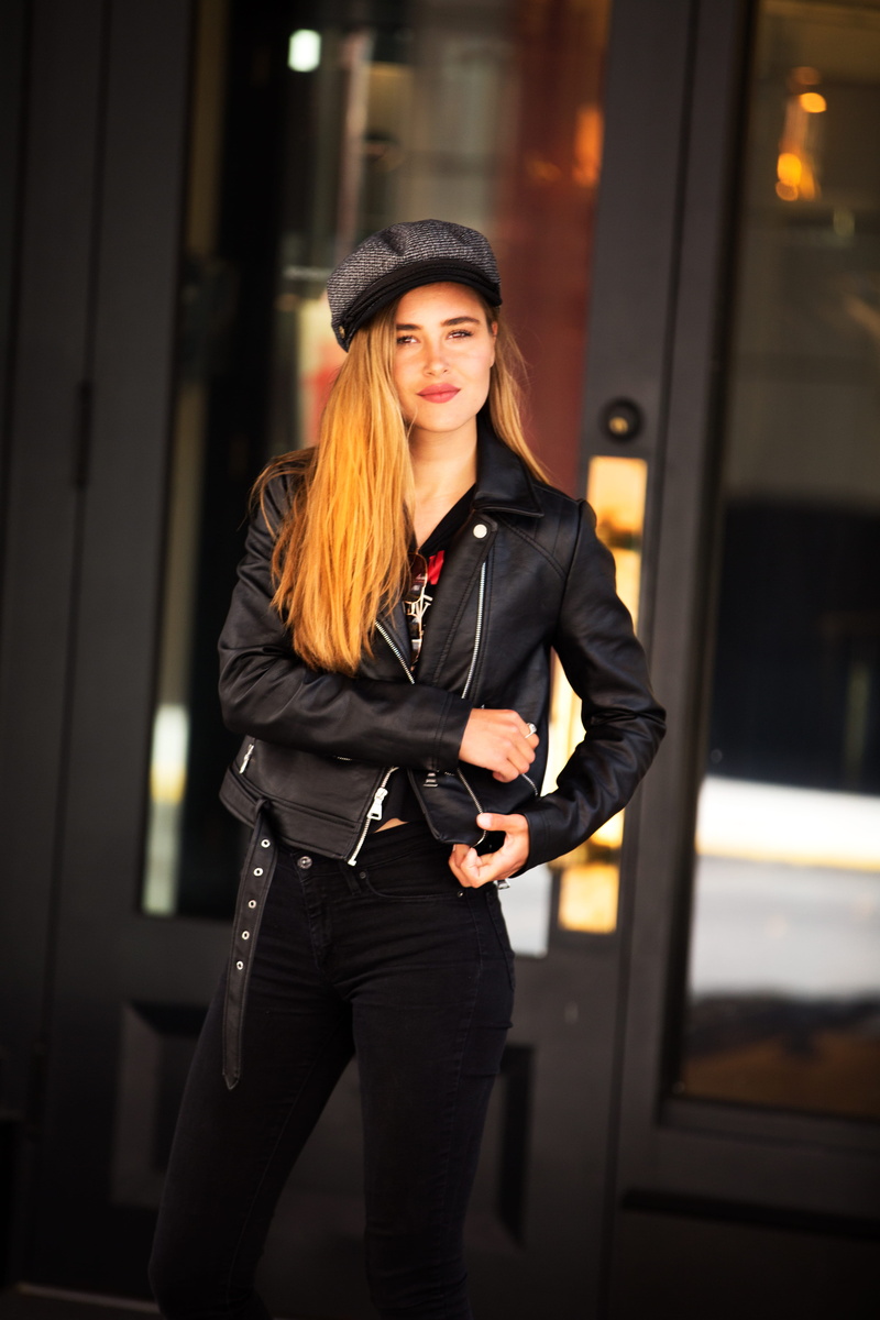 lady, person, beauty, front view, model, three quarter length, black color, wearing, one person, fashion, black leather jacket, girl, wear, focus on foreground