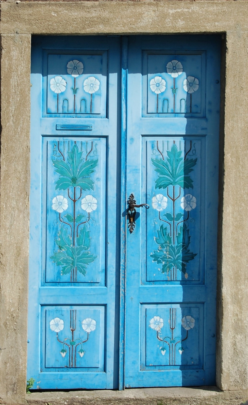 door, safety, turquoise colored, built structure, french, security, outdoors, front door, doorknob, wooden, day, closed, entrance, ornate, no people, protection