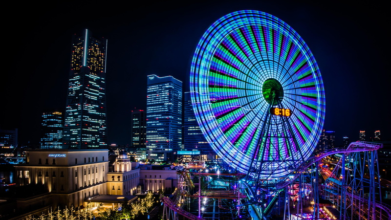 ferris wheel, travel, cosmo world amusement park, clock, light, office building exterior, arts culture and entertainment, building, illuminated, amusement park ride