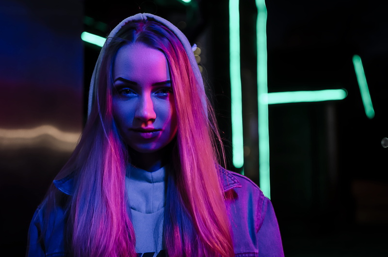 illuminated, adult, night, portrait, head, dyed hair, dye, flare, front view, home decor, neon, light, purple, young adult, real people, hair, focus on foreground