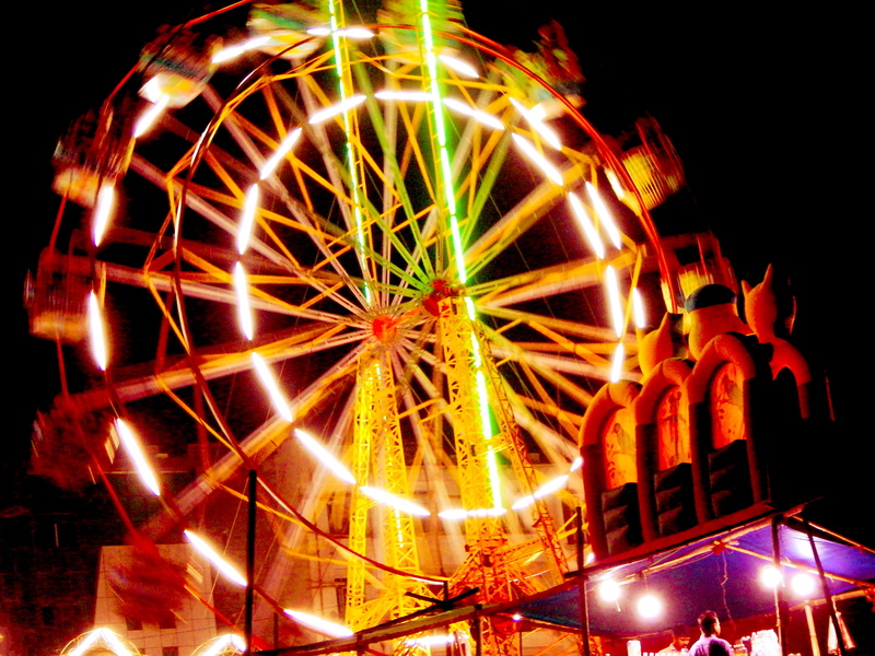 4K, long exposure, bonfire, fairground, lighting equipment, plant, amusement park, architecture, crowd, glowing, outdoors, carnival, enjoyment, building
