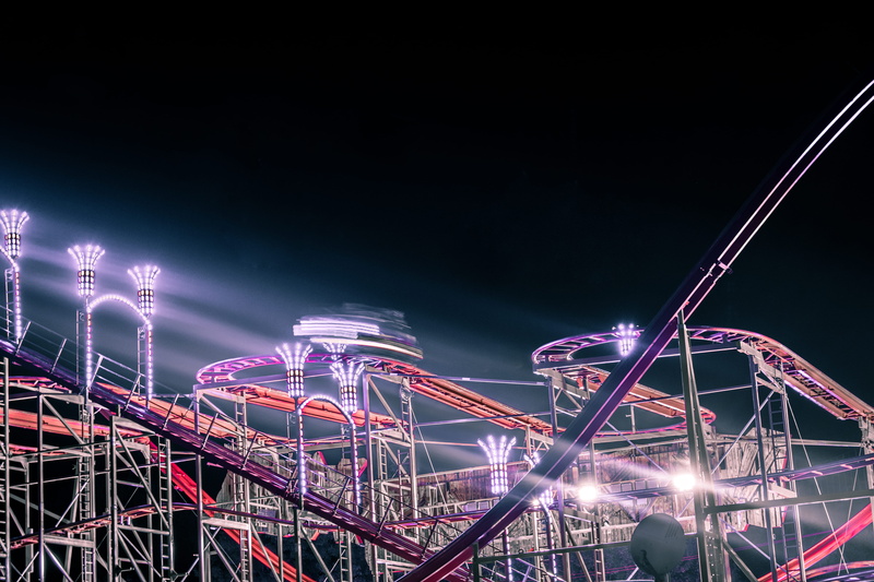 outdoors, ferris wheel, night, flare, coaster, 5K, illuminated, funfair, sky, glowing, dark, arts culture and entertainment, bridge, city, nature, building