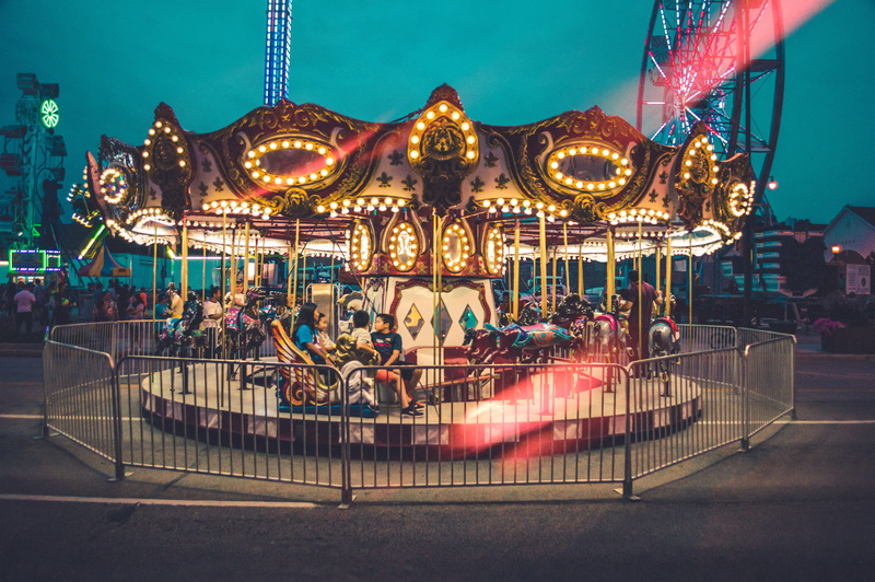 nighttime, architecture, carousel, sky, lights, lighting equipment, amusement park, outdoors, horse, night, fun, fairground, no people, photo, chinese new year