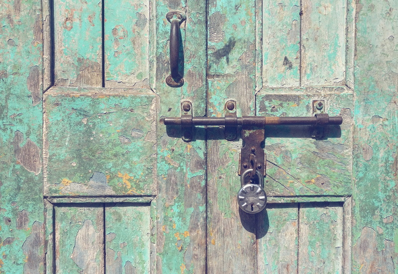 security, rusty, teal, door, old, handle, entrance, day, weathered, rust, combination lock, safety, decline, turquoise colored, closed, full frame, building