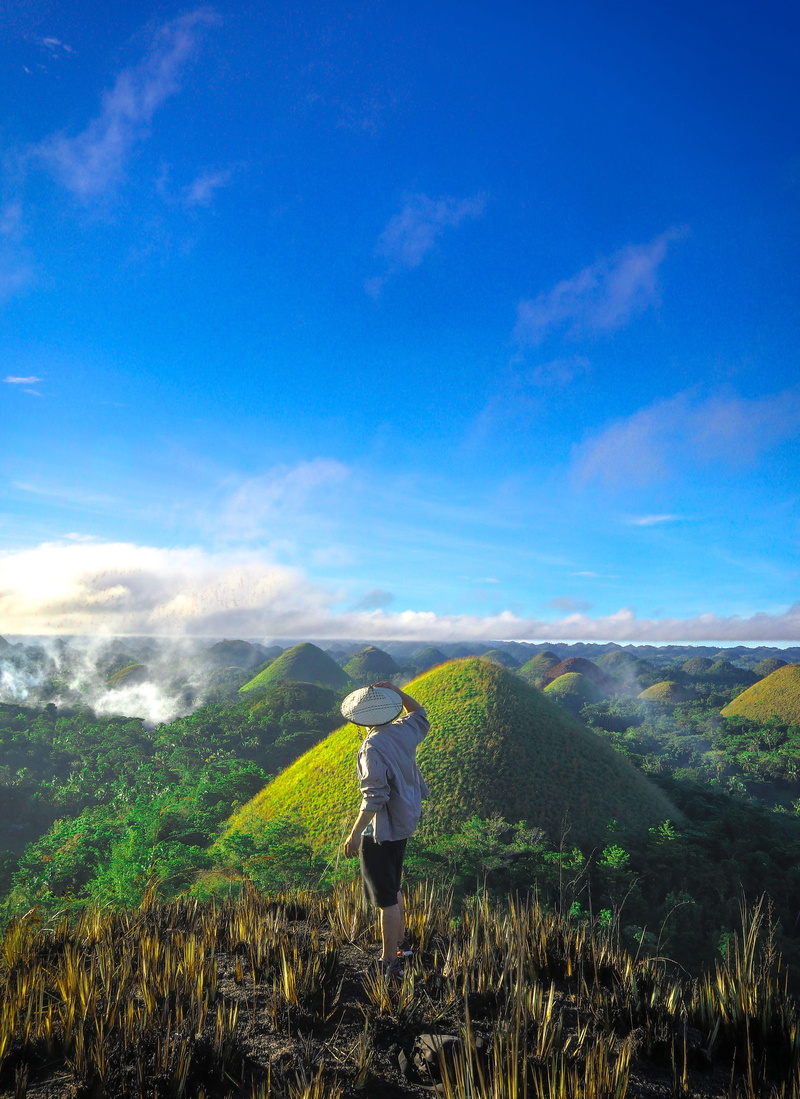tranquil scene, plant, landscape, mountain range, shirt, view, blue sky, environment, hat, sky, hills, man, lifestyles, 4K, human arm, rice field, beauty in nature