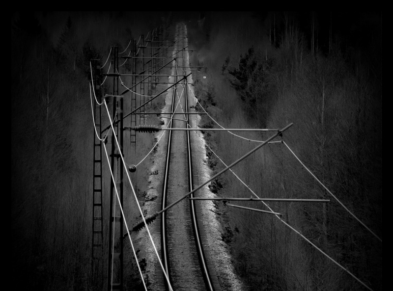 connection, neuvoton, 2K, Black, Railway, high angle view, Finland, power line, power supply, technology, outdoors, electricity, grayscale, tree, no people