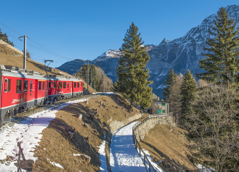 rail, background, sky, train, trees, water, snowcapped mountain, moving, alps, plant, rail transportation, scenic, mountain peak, blue sky, glacier, nature