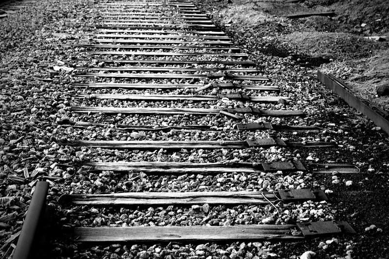 railway, surface level, transportation, track, day, outdoors, staircase, nature, railroad track, black and white, architecture, land, direction, solid