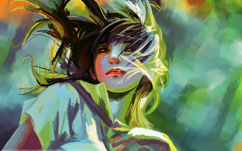 looking away, women, green color, front view, close-up, 2K, top, leisure activity, hairstyle, paint, looking, collared, nature, plant part, artwork, day