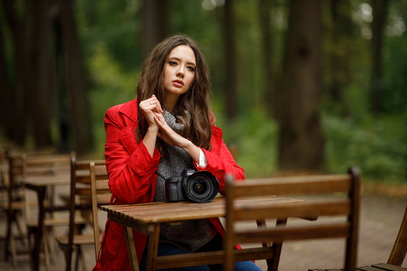 raincoat, coats, Sergey Sergeev, looking away, Disha Shemetova, dark eyes, sweater, camera, 1080P, women, model, brunette, sitting