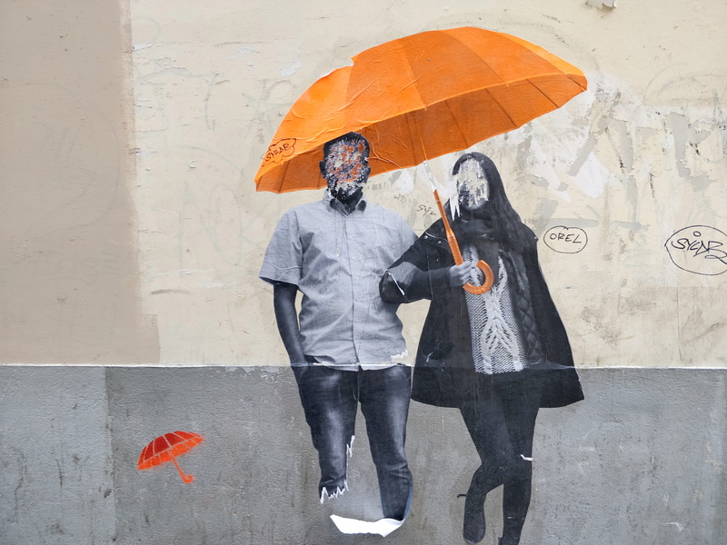 person, cité véron, canopy, adult, men, two people, front view, human, city, umbrella, 4K, positive emotion, denim, paris, togetherness, wall - building feature