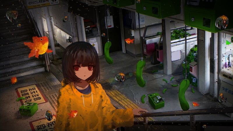 telephone, goldfish, Gravity, floating, stairs, raincoat, water drops, 2K