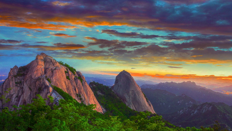 sunset, landscape, mist, nature, Seoul, rocks, mountains, clouds, 1080P, sky, trees, South Korea