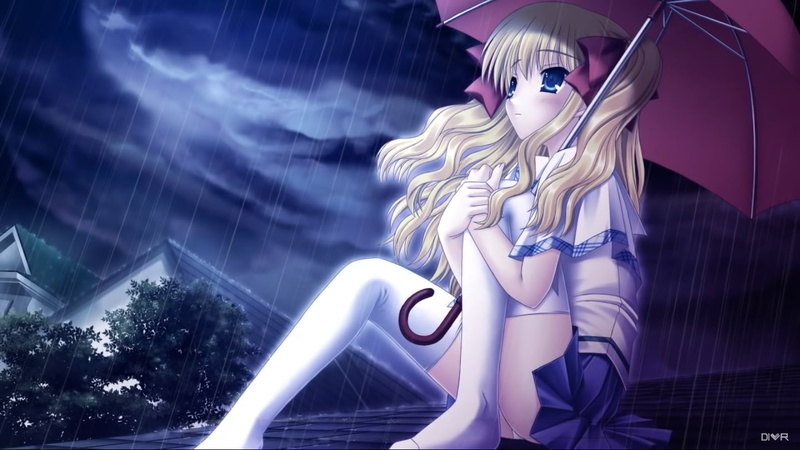 blue eyes, anime girls, thigh-highs, hair bows, umbrella, 720P, rain