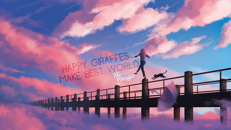 music, 1080P, cat, sky, clouds, pink, blue, anime, umbrella, giraffes, anime girls