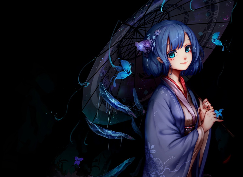 2K, waist up, one person, dark, leisure activity, make-up, kimono, lifestyles, night, festival, art and craft, Cirno, arts culture and entertainment, beautiful woman