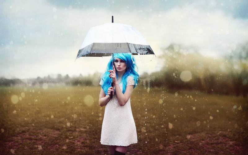three quarter length, outdoors, long hair, model, blue hair, fashion, rain, women outdoors, field, dress, 1080P, women, front view, nature, leisure activity