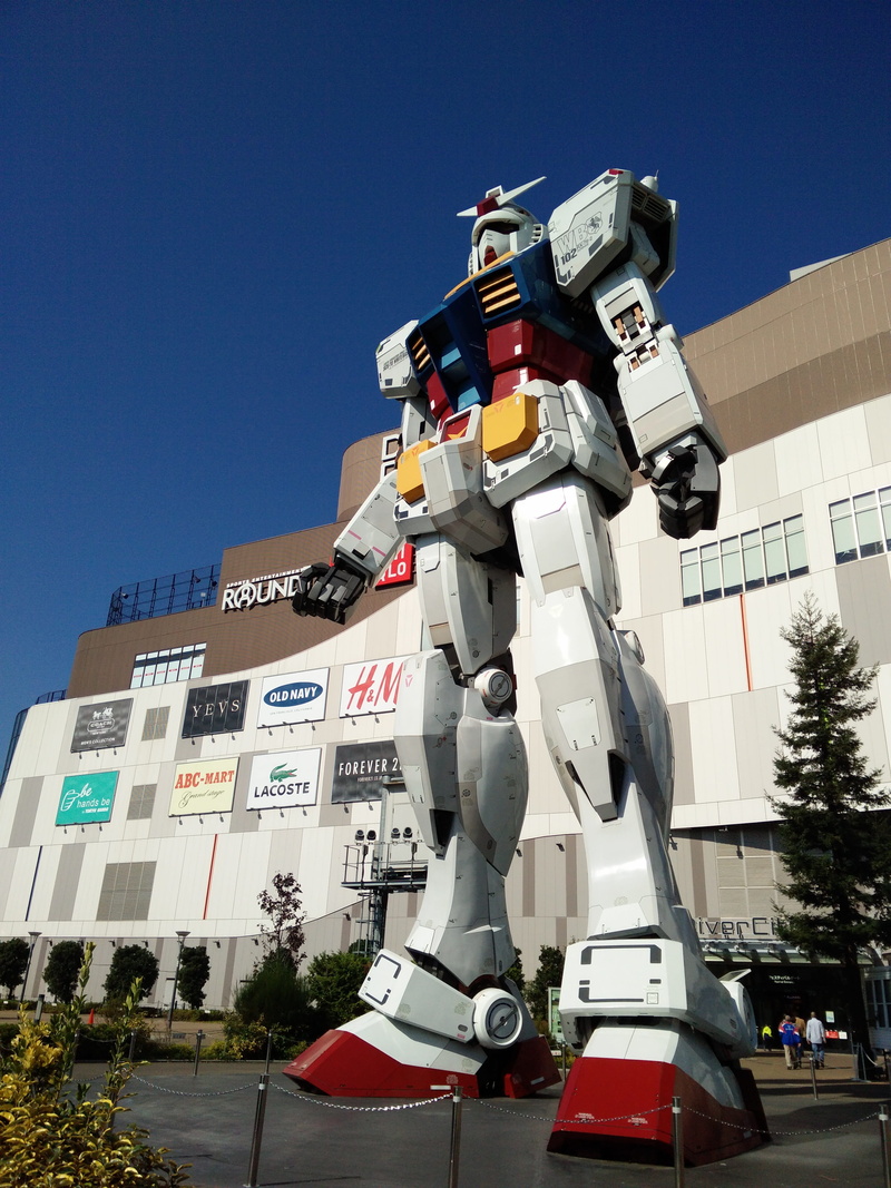 robot, nature, sculpture, statue, architecture, building exterior, clear sky, shopping center, transformer, transportation, technology, odaiba, low angle view