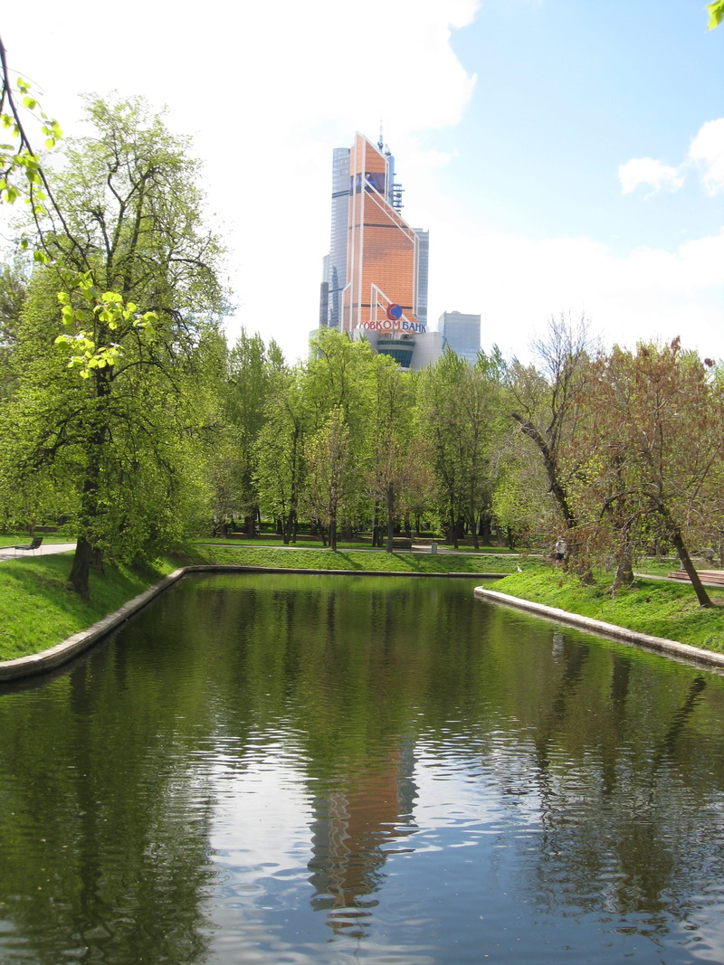 lake, built structure, Moscow, sky, tree, building, moscow city, tranquility, City, Russia, waterfront, business centre, green color, Reflection, building exterior