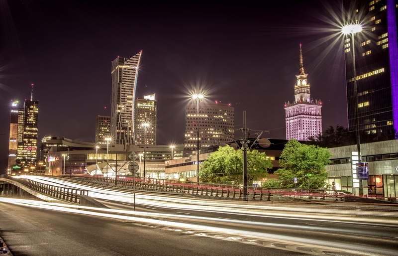 road, building, business, light trail, tower, street light, cityscape, building exterior, modern, architecture, the centre of, outdoors, palace of culture and science