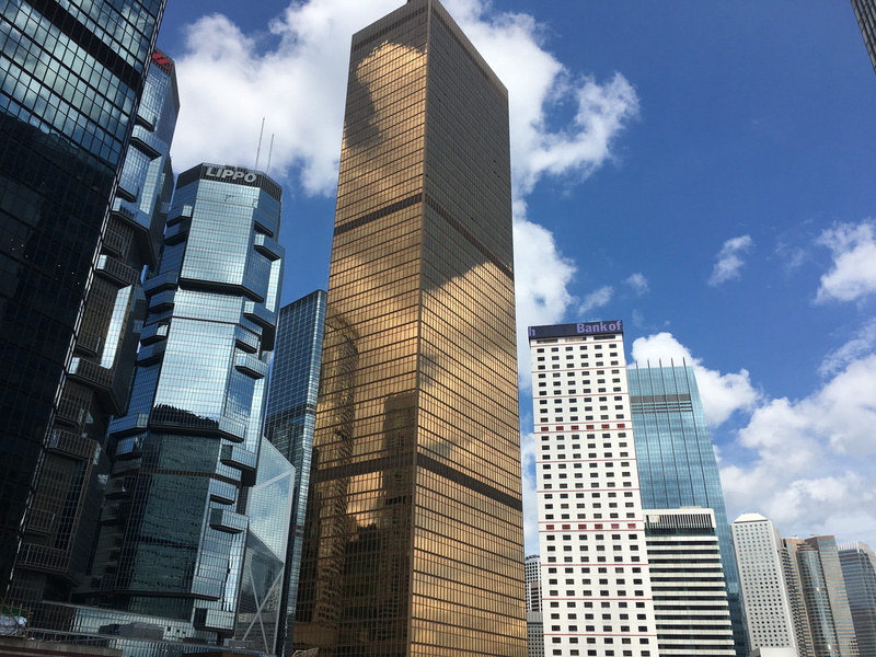 sky, financial district, glass - material, modern buildings, cityscape, no people, skyscraper, outdoors, low angle view, 4K, cloud - sky, tall - high