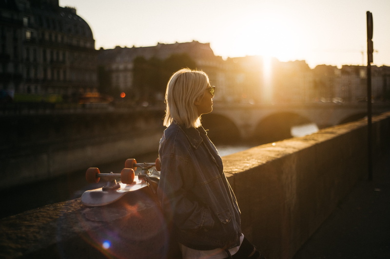 female, blond hair, architecture, leaning, beautiful woman, contemplation, concrete, skateboard, built structure, bridge, blonde, water, woman, jacket