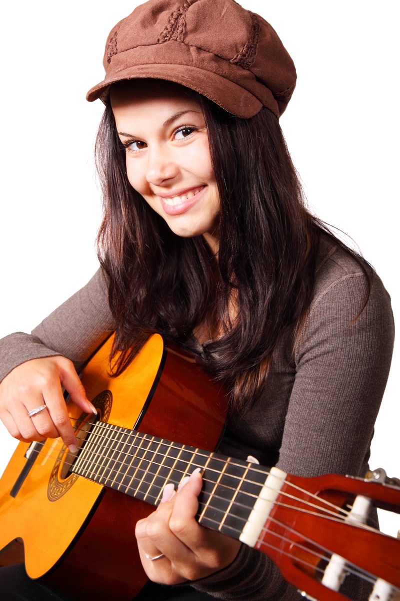 performer, arts culture and entertainment, white Background, young, artist, girl, looking at camera, music, people, musical, guitar, beautiful woman, young women