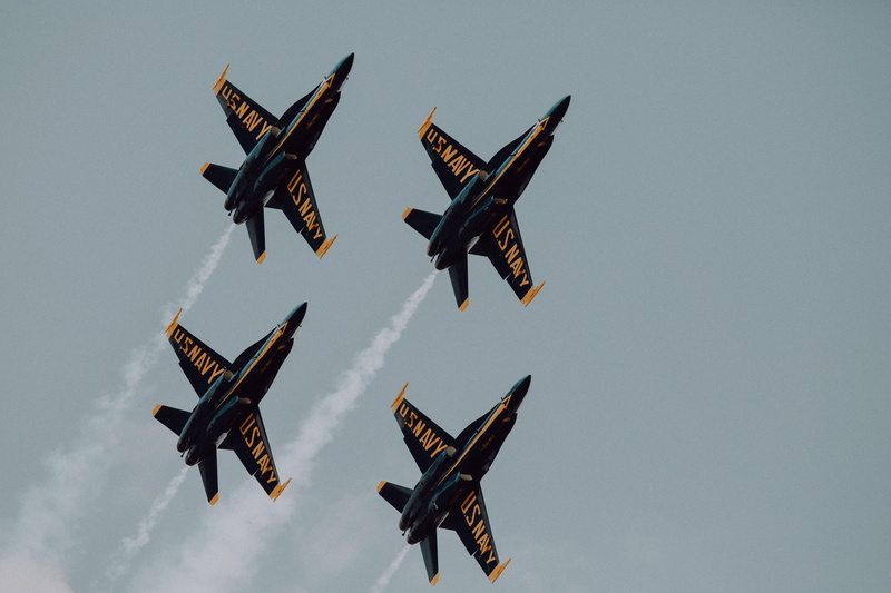 flight, formation, sky, mid-air, trail, 5K, yellow, transport, travel, flying, no people, annapolis, blue angel, military, day, airplane, plane, air force