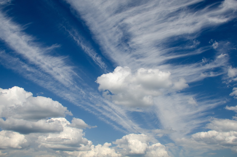 nature, vapor trail, low angle view, cloud - sky, sky, altocumulus, clouds, tranquility, cloudscape, fluffy, air vehicle, outdoors, cumulus, idyllic, meteorology