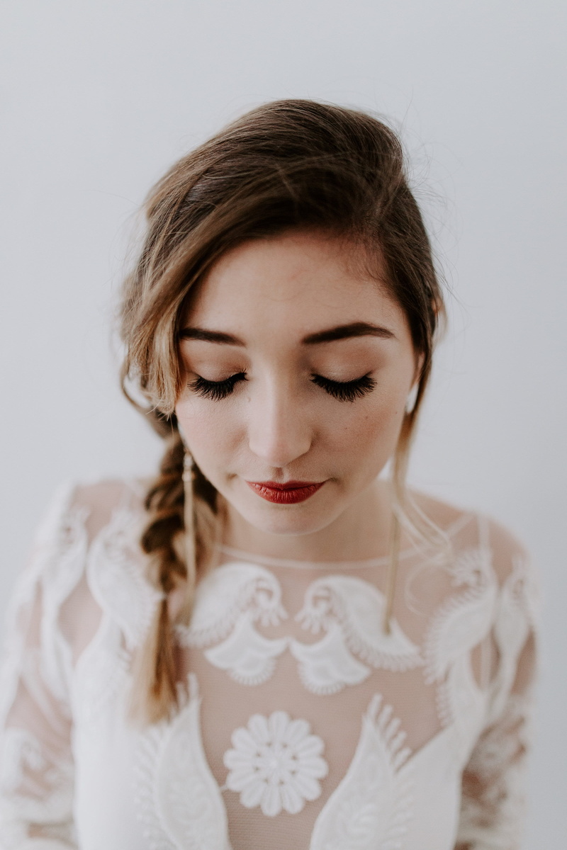 young adult, headshot, bride, hair, looking, dress, brown hair, eyes closed, caucasian, front view, studio shot, brunette, contemplation, young women, white color