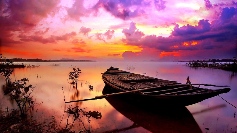 clouds, lake, sky, boat, reflect, 1080P, sunset