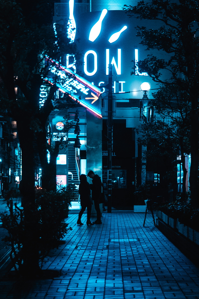 nightlife, city life, night life, woman, street, bowling, neon light, architecture, city, urban, text, illuminated, outdoors, neon sign, lighting equipment