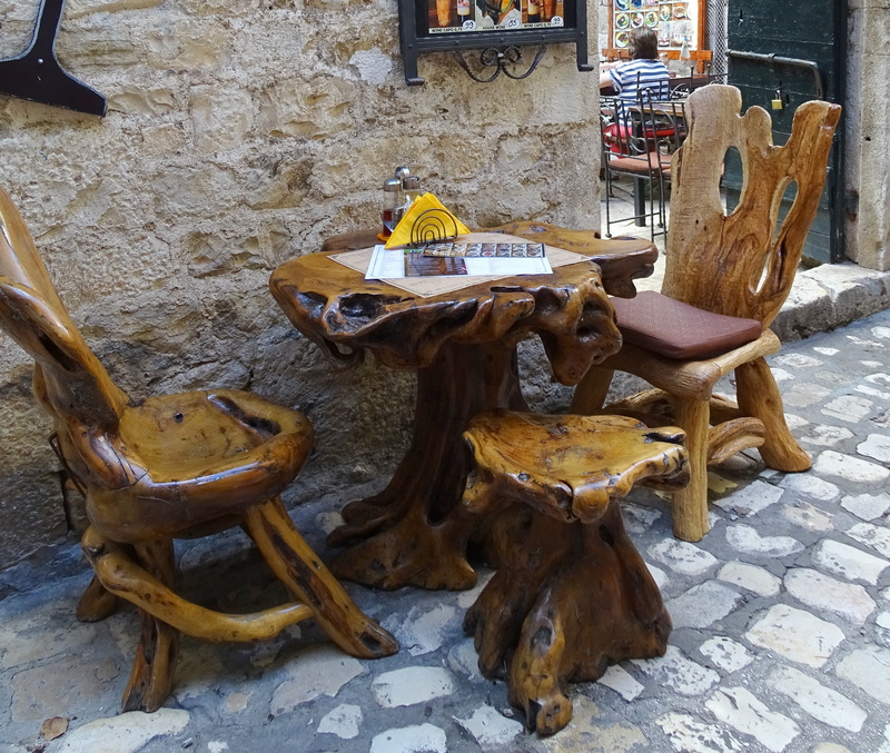old, alley, furniture, container, table, restaurant, stone wall, outdoors, streetscape, empty, still life, footpath, seating arrangement, croatia, wall - building feature