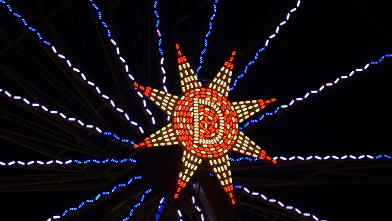 built structure, hanging, travel destinations, shape, amusement park ride, night, Bustle, indoors, religion, multi colored, no people, illuminated, outdoors