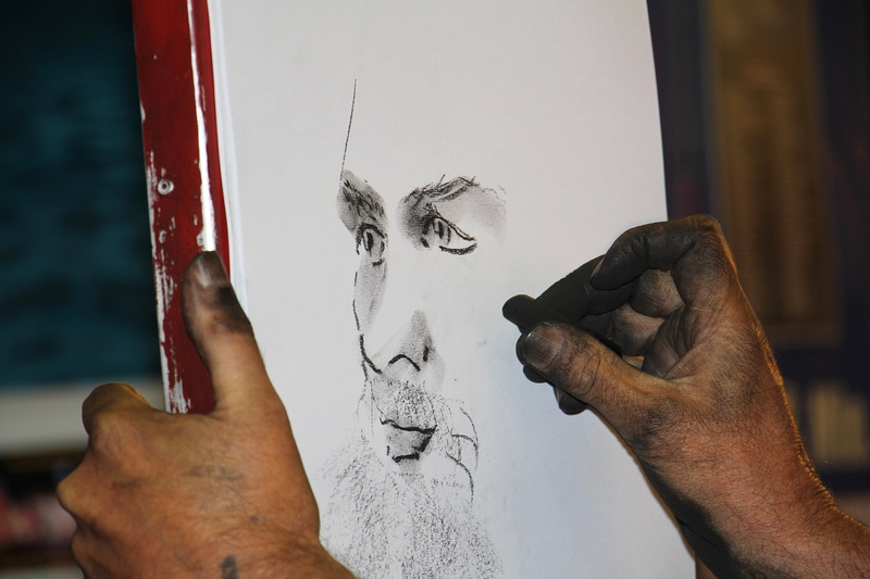 body part, head, coal draftsman, fair, portrait, from the side, person, charcoal drawing, human body part, holding, occupation, one person, close-up, indoors