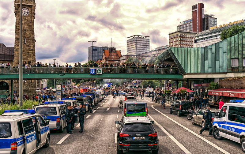 Protest, 5K, mode of transportation, scene, road, colorful, built structure, mode of Transport, G20, land vehicle, according to, Crowd, cloud - sky, building exterior