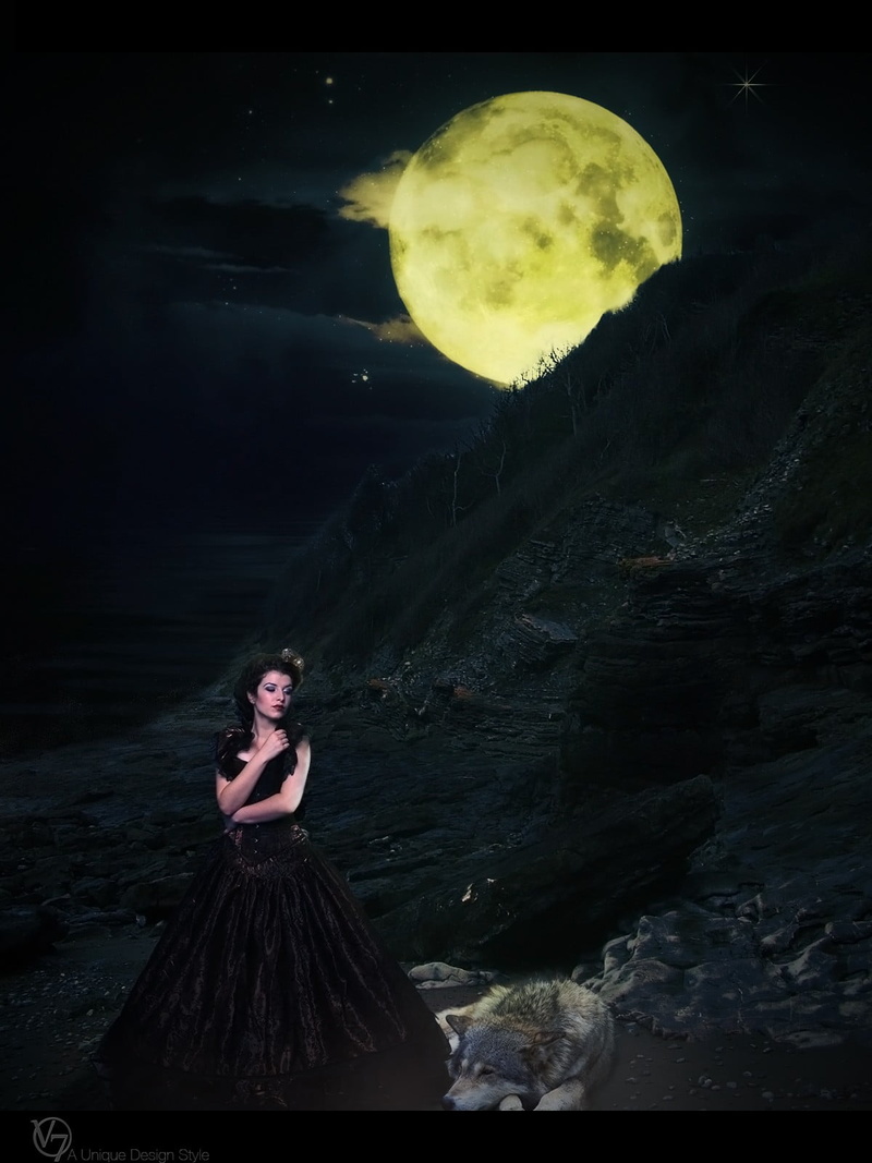 photo manipulation, one person, full moon, moon, sleeveless, adult, hairstyle, yellow, moonlight, 720P, dark, young adult, Photoshop, cloud - sky, contemplation
