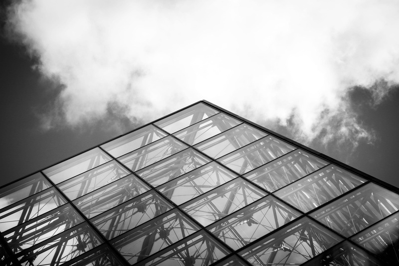 5K, angle, shape, modern, photography, glass house, pattern, wall, untitled, grayscale, city, day, triangle shape, building exterior, cloud, metal, pari
