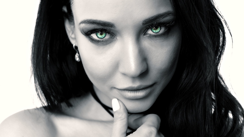 Angelina Petrova, straight hair, photo, close up, monochrome, 4K, looking at camera, girl, black hair, lips, face, selective coloring, black and white
